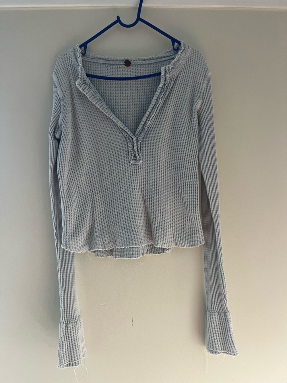 Free People Light Blue Waffle Knit Long Sleeve V-Neck Top